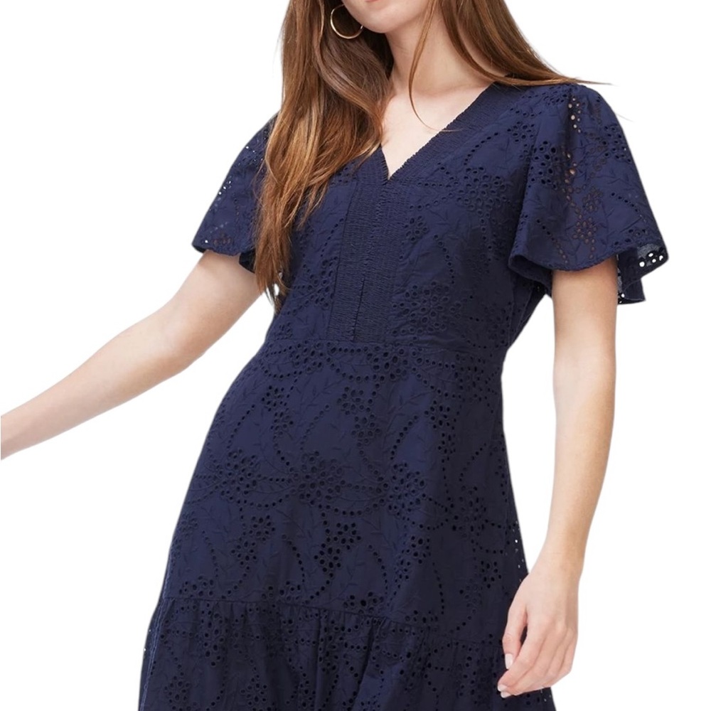 Chico's Navy Eyelet V-Neck Tiered Midi Dress - Picture 14 of 15